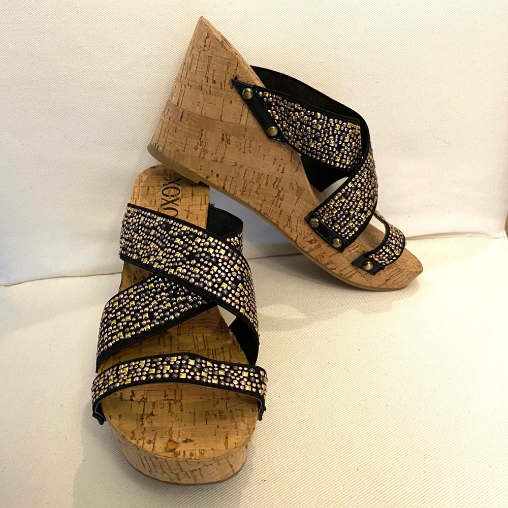 XOXO studded cork wedge sandals